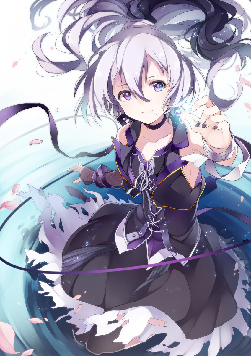 bare_shoulders blue_eyes blush choker collarbone flower_(vocaloid) highres legs_together light_smile long_hair looking_at_viewer multicolored multicolored_eyes nail_polish petals ponytail purple_eyes purple_hair purple_nails purple_skirt skirt skirt_set solo u35 very_long_hair vocaloid
