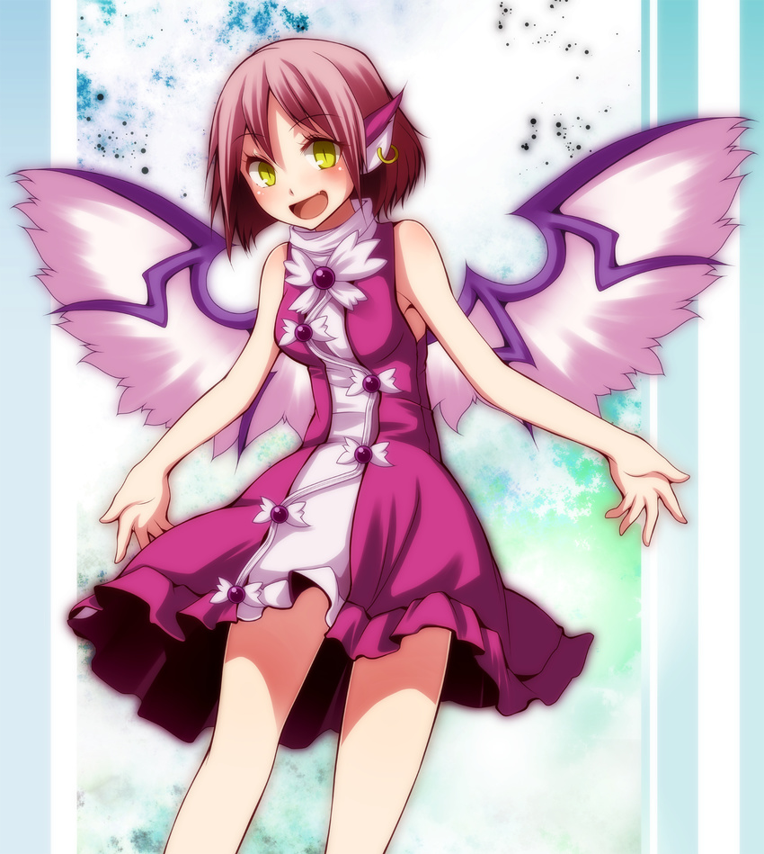 adapted_costume animal_ears bad_id bad_pixiv_id bare_arms bare_shoulders bird_wings dress ear_piercing fang highres mystia_lorelei no_hat no_headwear open_mouth piercing pink_dress pink_hair s-syogo sleeveless sleeveless_dress slit_pupils smile solo touhou wings yellow_eyes