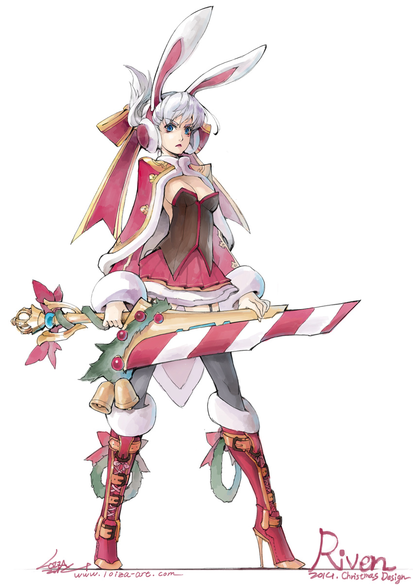 animal_ears blue_eyes boots breasts bunny_ears earmuffs full_body fur_boots high_heel_boots high_heels highres knee_boots league_of_legends loiza medium_breasts red_footwear riven_(league_of_legends) santa_boots simple_background skirt solo sword weapon white_background
