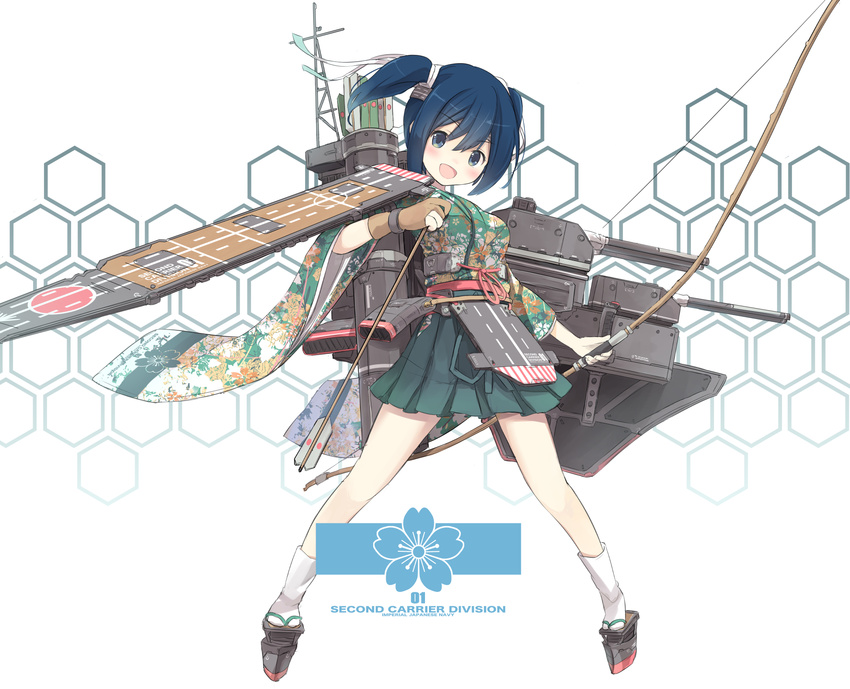 arrow blue_eyes blue_hair bow_(weapon) brown_gloves embellished_costume flight_deck floating_hair floral_print geta gloves highres holding holding_weapon isegawa_yasutaka japanese_clothes kantai_collection machinery partly_fingerless_gloves pleated_skirt sandals sash simple_background skirt solo_focus souryuu_(kantai_collection) twintails weapon white_background wind