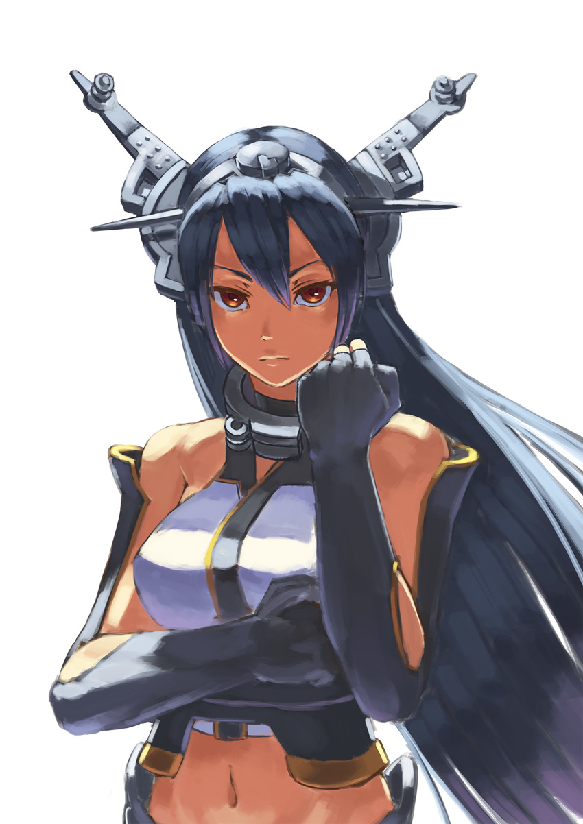 black_gloves black_hair breasts brown_eyes clenched_hands fingerless_gloves gloves headgear highres kantai_collection large_breasts long_hair looking_at_viewer michitarou midriff nagato_(kantai_collection) navel serious simple_background solo upper_body very_long_hair white_background