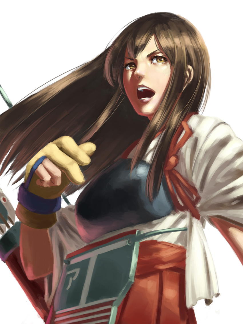 akagi_(kantai_collection) arrow brown_eyes brown_hair gloves hakama_skirt highres japanese_clothes kantai_collection lips long_hair looking_at_viewer michitarou muneate nose open_mouth partly_fingerless_gloves quiver realistic simple_background solo tasuki upper_body white_background yugake