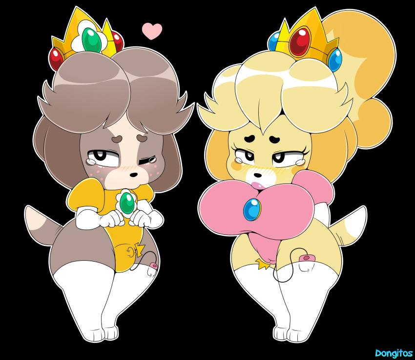 &lt;3 absurd_res animal_crossing anthro big_breasts blush breasts bulge camel_toe canid canine canis clothed clothing crossdressing crown digby_(animal_crossing) domestic_dog dongitos duo female girly hi_res isabelle_(animal_crossing) looking_at_viewer male mammal mario_bros nintendo princess_daisy princess_peach sex_toy short_stack tears thick_thighs vibrator video_games