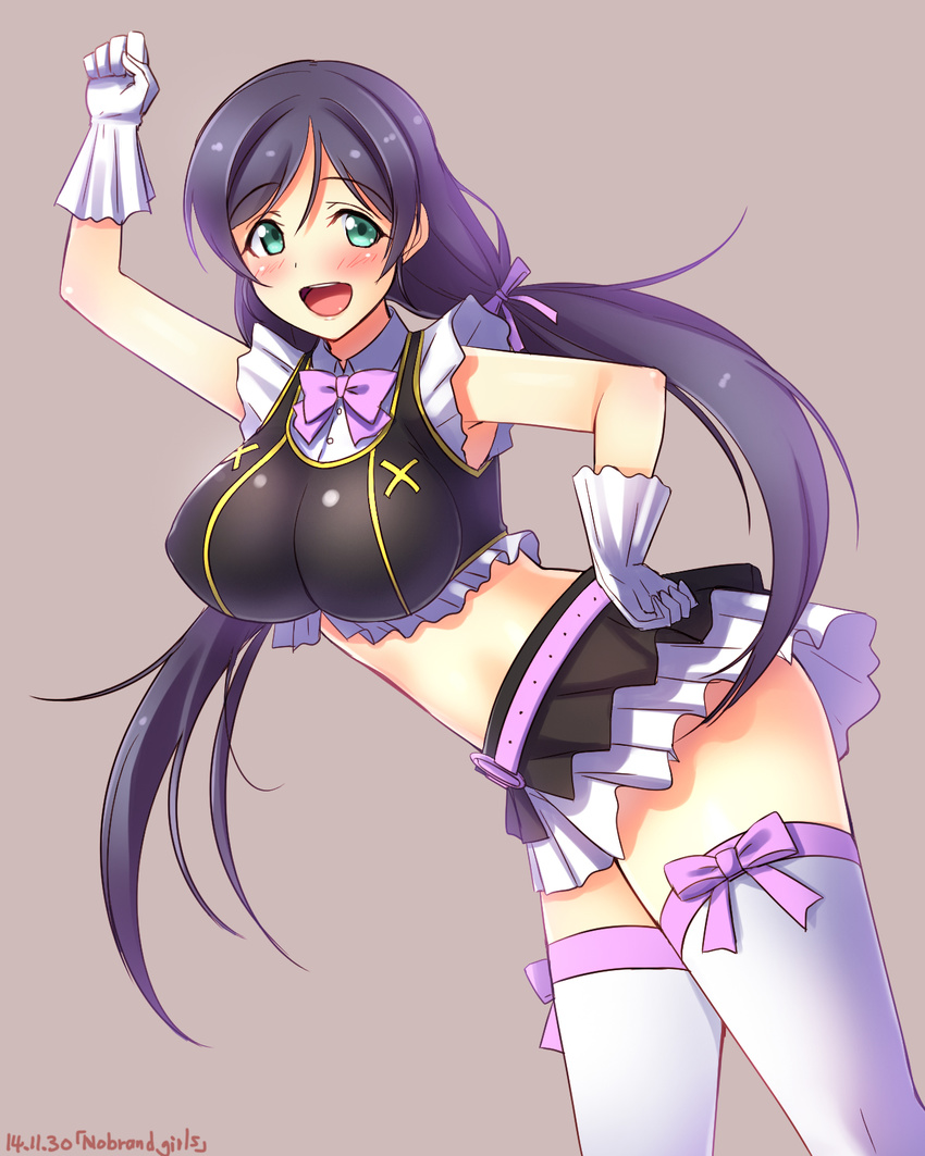 aqua_eyes breasts clenched_hands crop_top gloves hand_on_hip highres impossible_clothes large_breasts long_hair looking_at_viewer love_live! love_live!_school_idol_project midriff miniskirt no_brand_girls pleated_skirt purple_hair raised_fist skirt solo song_name thighhighs toujou_nozomi twintails very_long_hair white_gloves white_legwear yu-ta