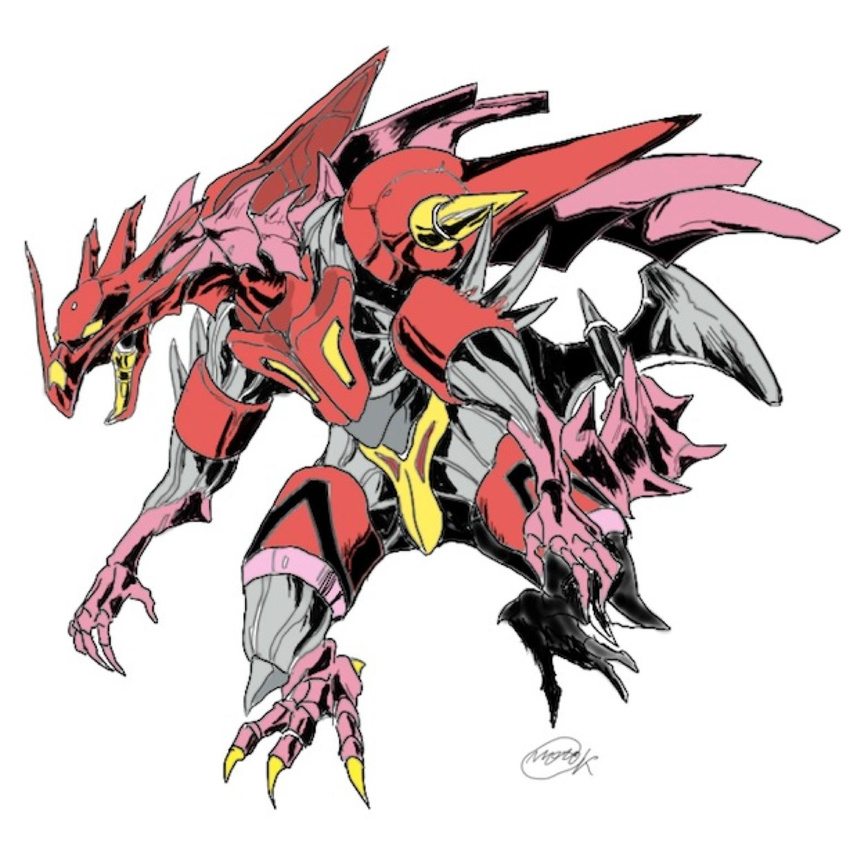 commentary dragon getter_dragon getter_robo getter_robo_g highres koyama_motoo mecha monster no_humans open_mouth signature simple_background too_literal western_dragon white_background wings yellow_eyes