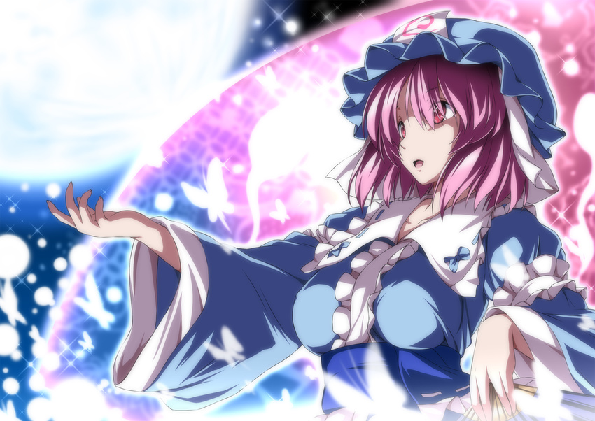 blue_dress breasts bug butterfly dress glowing_butterfly hat highres insect large_breasts long_sleeves mob_cap nori_tamago open_mouth outstretched_arm outstretched_hand pink_eyes pink_hair saigyouji_yuyuko saigyouji_yuyuko's_fan_design sash smile solo touhou translation_request veil wide_sleeves