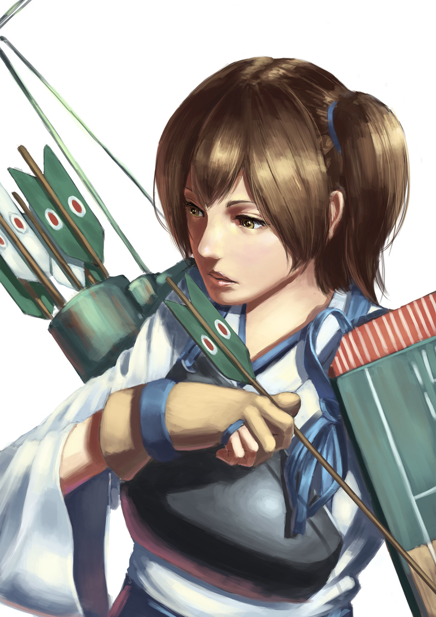 arrow bow_(weapon) brown_eyes brown_hair flight_deck gloves highres japanese_clothes kaga_(kantai_collection) kantai_collection lips looking_away michitarou muneate nose partly_fingerless_gloves quiver realistic side_ponytail simple_background solo tasuki upper_body weapon white_background yugake