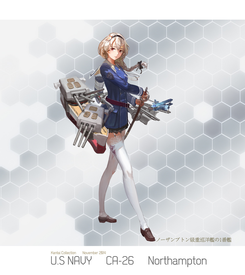 aircraft airplane america bow braid character_name crossed_legs flower garter_straps hair_bow hair_flower hair_ornament hairband hand_on_sword highres holding jeanex kantai_collection lace lace-trimmed_thighhighs loafers long_hair looking_at_viewer machinery military military_uniform northampton_(pacific) original pacific saber_(weapon) shoes silver_hair single_braid solo sword thighhighs translation_request turret uniform uss_northampton_(ca-26) watson_cross weapon white_legwear zettai_ryouiki