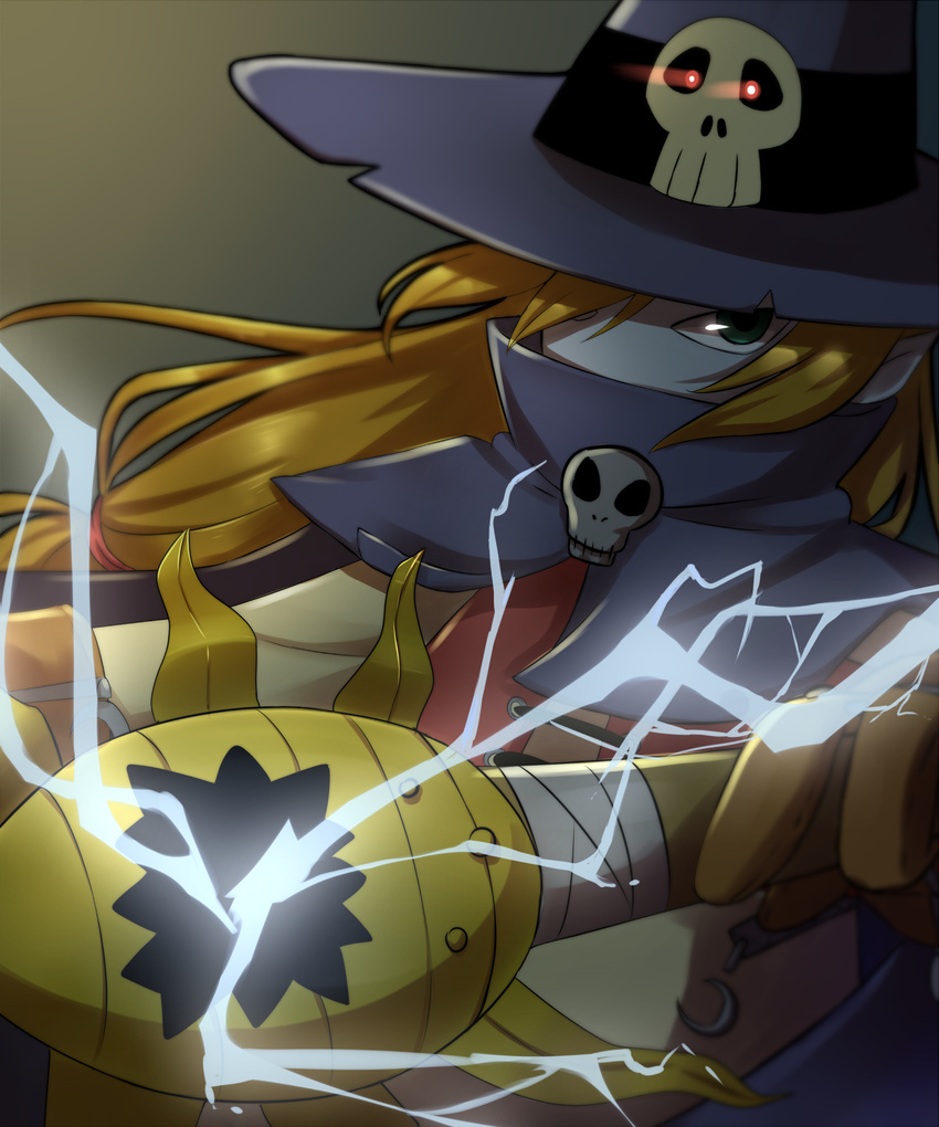 cape digimon digimon_adventure electricity gloves glowing glowing_eyes green_eyes hair_over_one_eye hat highres long_hair low-tied_long_hair masa_(ww5320) no_humans pointy_ears red_eyes revision skull solo staff wizard_hat wizarmon zipper