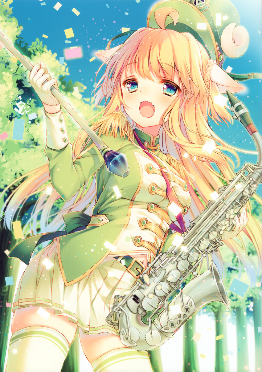 :d absurdres ahoge animal_ears band_uniform blonde_hair blue_eyes confetti epaulettes garuta_(yamcha) hat hat_removed headwear_removed highres holding instrument leaning_forward long_hair marching_band_baton music open_mouth original playing_instrument pleated_skirt sheep_ears skirt smile solo thighhighs wand yamcha_(cocololi) zettai_ryouiki
