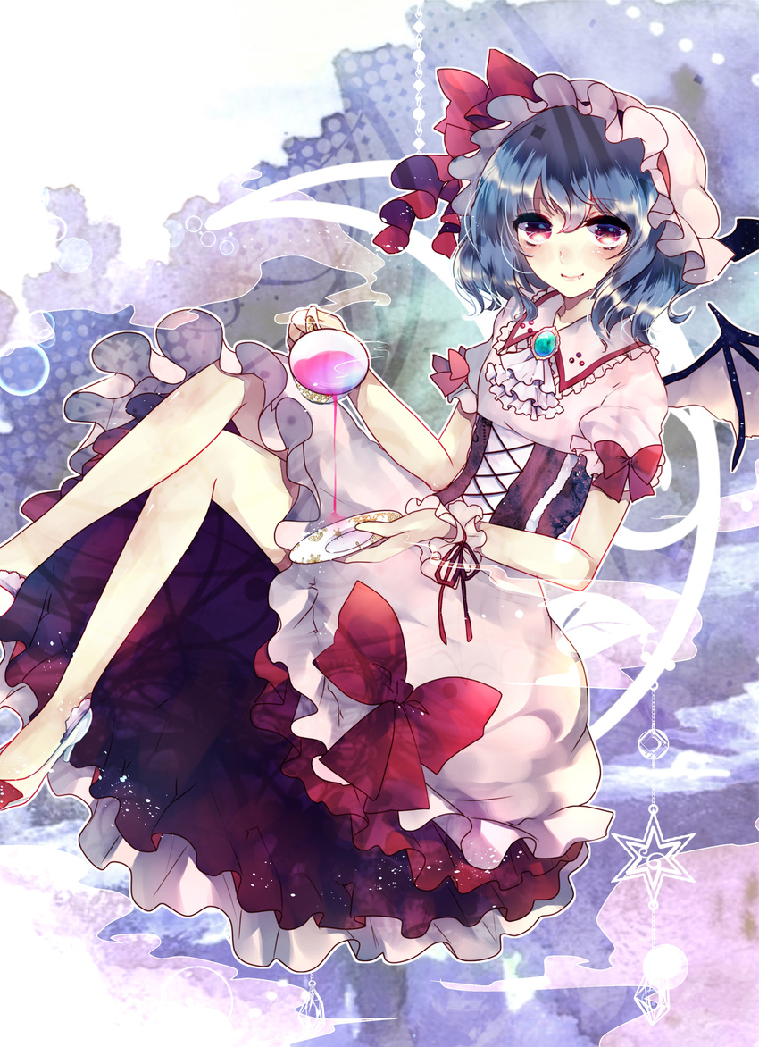 ascot bad_id bad_pixiv_id bat_wings blue_hair bow cup frills ginzuki_ringo hat highres holding looking_at_viewer mob_cap red_eyes remilia_scarlet short_hair smile solo teacup touhou wings