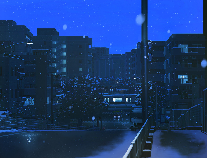 building car city doora_(dora0913) ground_vehicle highres lamppost motor_vehicle night no_humans original power_lines railing revision road scenery sidewalk snow snowing train tree water window