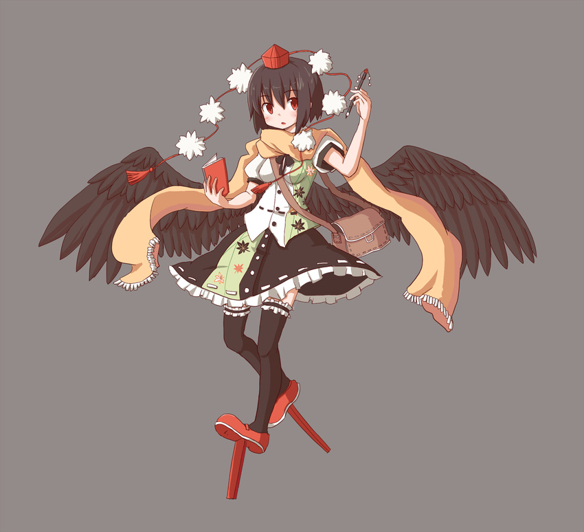 black_hair black_legwear black_wings feathered_wings hat highres holding kaminendo looking_at_viewer notepad parted_lips pen pom_pom_(clothes) red_eyes scarf shameimaru_aya short_hair simple_background solo thighhighs tokin_hat touhou wings