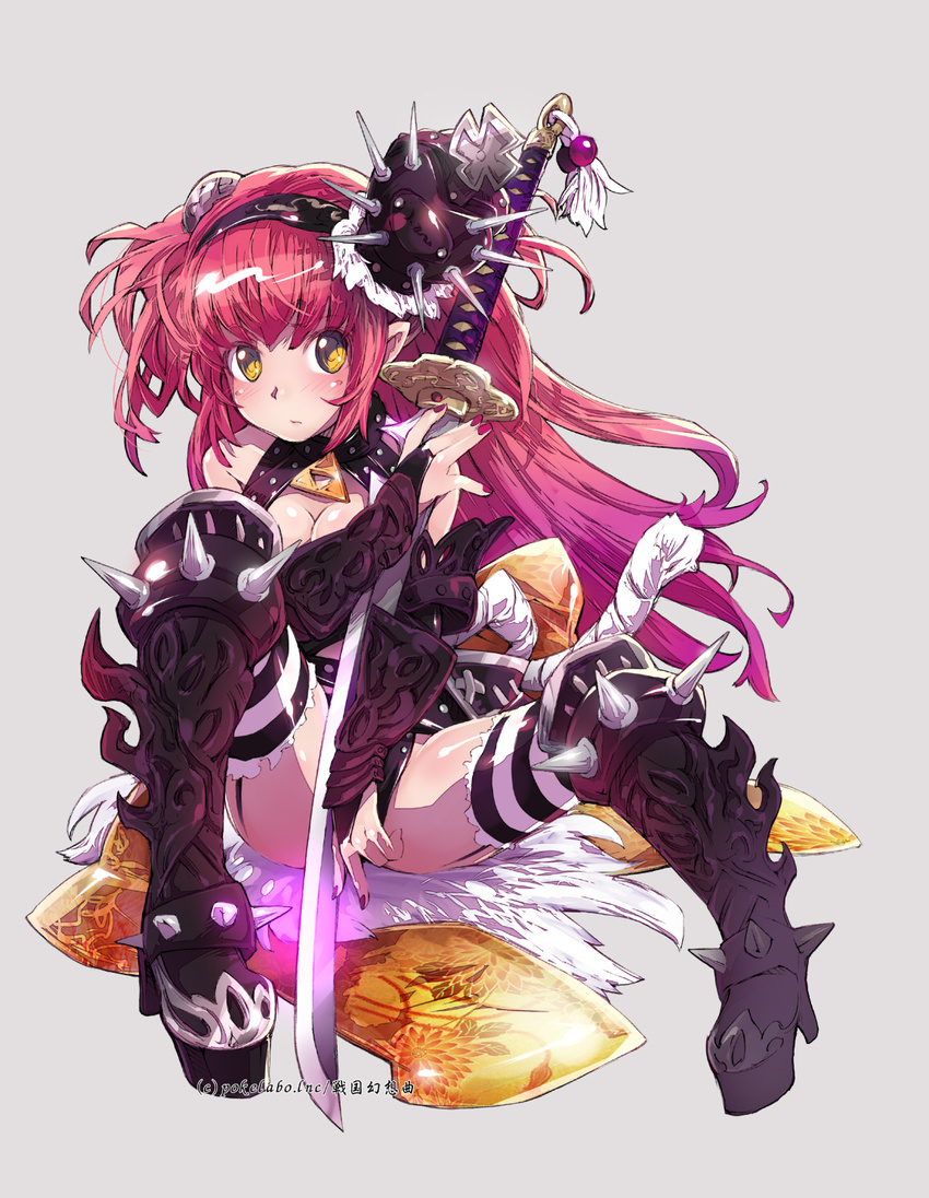 black_gloves breasts bridal_gauntlets cleavage crown elbow_gloves garter_straps gauntlets gloves greaves hairband haku_(sabosoda) highres katana long_hair md5_mismatch medium_breasts nail_polish pink_hair pointy_ears revision sengoku_gensoukyoku sitting solo spikes striped striped_legwear sword thighhighs two_side_up weapon yellow_eyes