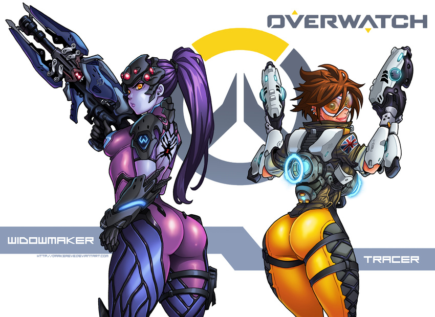 ass back_tattoo bodysuit breasts brown_eyes brown_hair character_name darwin_nunez dual_wielding earrings freckles gun handgun head_mounted_display highres holding jewelry long_hair looking_at_viewer medium_breasts multiple_girls orange_bodysuit overwatch pink_bodysuit pistol ponytail pout purple_hair purple_skin rifle short_hair smile sniper_rifle spider_tattoo tattoo thighs tracer_(overwatch) visor weapon widowmaker_(overwatch)