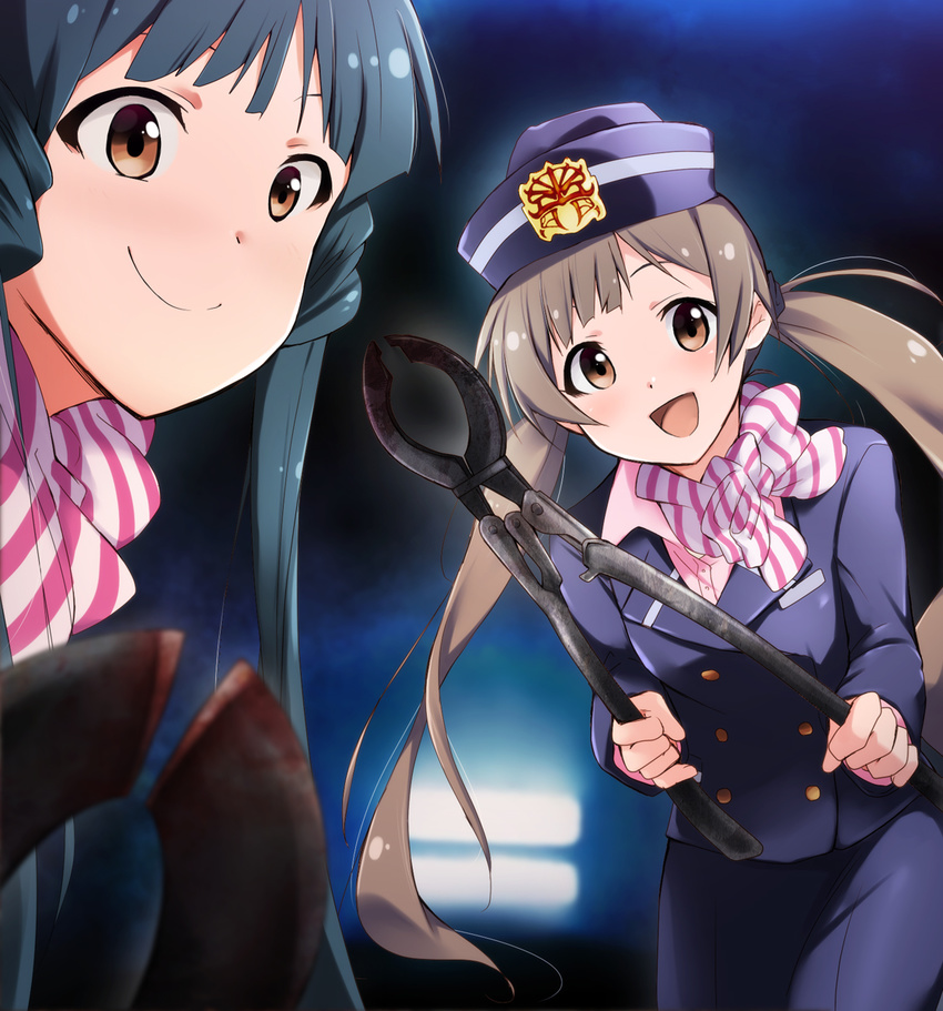 :d aqua_hair blush brown_eyes brown_hair commentary_request flight_attendant hakozaki_serika hat highres idolmaster idolmaster_million_live! kaiga kitakami_reika long_hair low_twintails multiple_girls open_mouth pliers scarf smile twintails very_long_hair