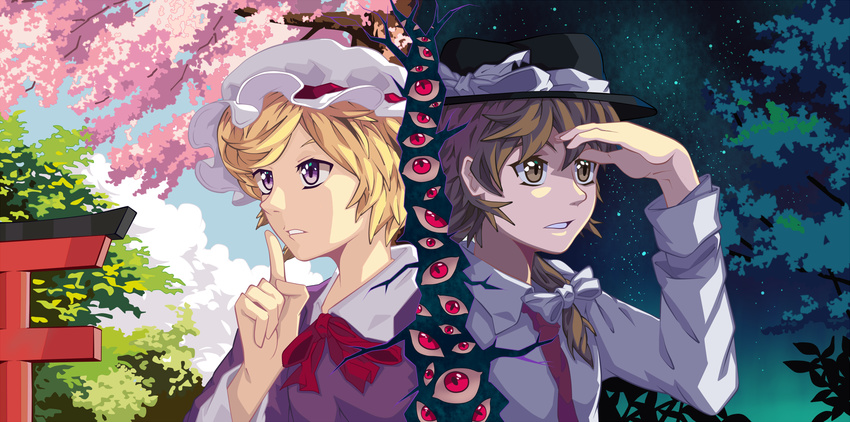 bad_id bad_pixiv_id blonde_hair bow brown_eyes brown_hair cherry_blossoms dress finger_to_mouth gap hair_bow hat highres long_hair maribel_hearn multiple_girls necktie night purple_eyes ribbon short_hair star_(sky) takezaka_tarou torii touhou usami_renko