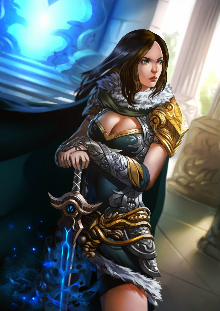 armor armored_dress breasts brown_hair cape cleavage cleavage_cutout dutch_angle fantasy faulds highres large_breasts lips long_hair nose original planted_sword planted_weapon portal_(object) solo sword tommy_suhartono vambraces weapon