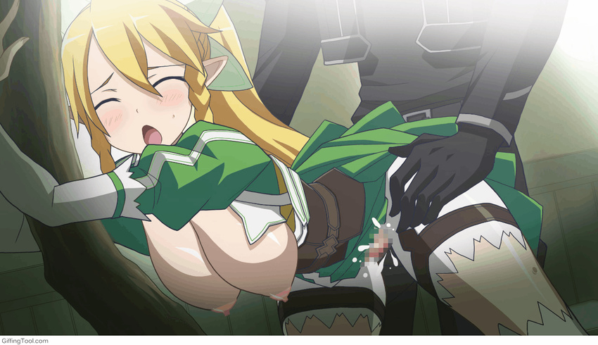 1boy 1girl :o animated artist_request blonde_hair breasts clothed_sex dress elf elf_ears from_behind gloves green_eyes hands_on_another's_hips large_breasts leafa nipples sex solo_focus standing sword_art_online tagme
