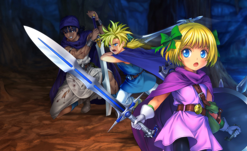 1girl 2boys absurdres bianca's_daughter bianca's_daughter bianca's_son blonde_hair blue_eyes brother_and_sister child dragon_quest dragon_quest_v father_and_daughter father_and_son hero_(dq5) highres multiple_boys mutsuki_(moonknives) ribbon shield siblings sword twins weapon