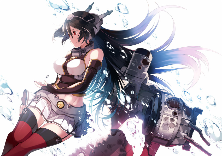 black_gloves black_hair breasts bubble elbow_gloves fingerless_gloves garter_straps gloves hairband hanokage headgear kantai_collection long_hair medium_breasts midriff miniskirt nagato_(kantai_collection) navel red_eyes revision skirt smile solo thighhighs torn_clothes turret very_long_hair white_background zettai_ryouiki