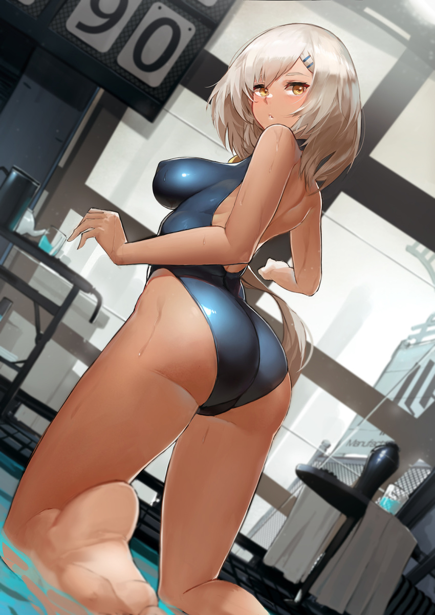 1girl ass bangs bare_arms bare_legs barefoot blue_swimsuit blurry blurry_background blurry_foreground breasts brown_hair competition_swimsuit depth_of_field dutch_angle erect_nipples foreshortening from_behind girls_frontline hair_ornament hairclip highres impossible_clothes impossible_swimsuit indoors kneeling large_breasts long_hair looking_back mossberg_m590_(girls_frontline) one-piece_swimsuit pandea_work parted_lips poolside sidelocks solo swimsuit tan towel wet yellow_eyes
