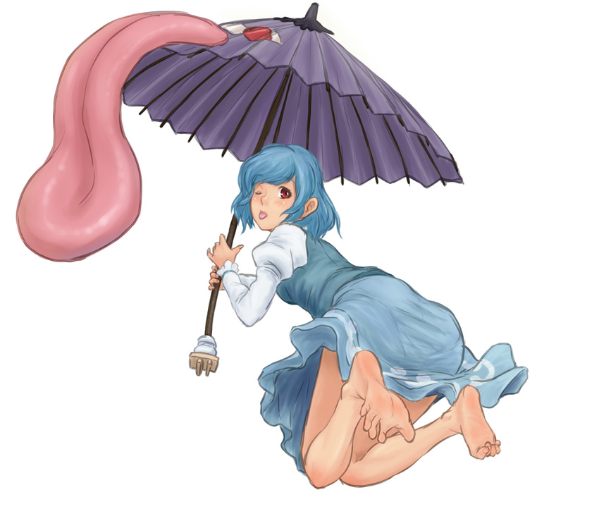 :p ass barefoot blush commentary_request feet full_body highres juliet_sleeves karakasa_obake kuro_suto_sukii long_sleeves looking_at_viewer looking_back one_eye_closed puffy_sleeves red_eyes shirt short_hair simple_background skirt skirt_set soles solo tatara_kogasa toe_scrunch toes tongue tongue_out touhou umbrella vest white_background