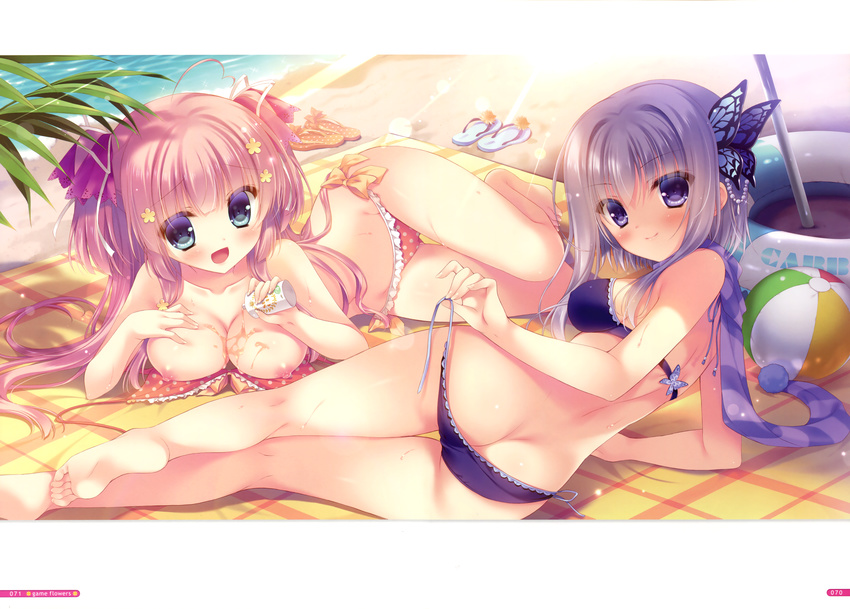 :d absurdres ahoge ass ball bare_legs barefoot beach beachball bikini blue_bikini blue_eyes blush breast_suppress breasts butt_crack butterfly_hair_ornament from_behind hair_ornament hakoniwa_logic highres huge_filesize iriya_koko large_breasts long_hair looking_at_viewer looking_back lotion lying maezono_kirika multiple_girls nipples on_side open_mouth pink_hair sandals scarf side-tie_bikini silver_hair smile sunscreen sweat swimsuit topless two_side_up untied untied_bikini untying yukie_(peach_candy)