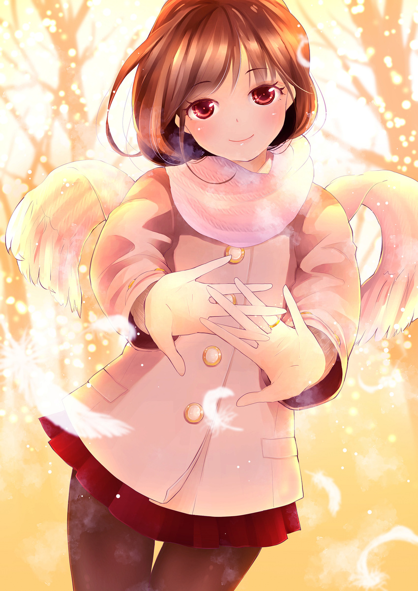 ahira_yuzu brown_hair hands highres jacket original pantyhose red_eyes scarf short_hair skirt smile solo wings