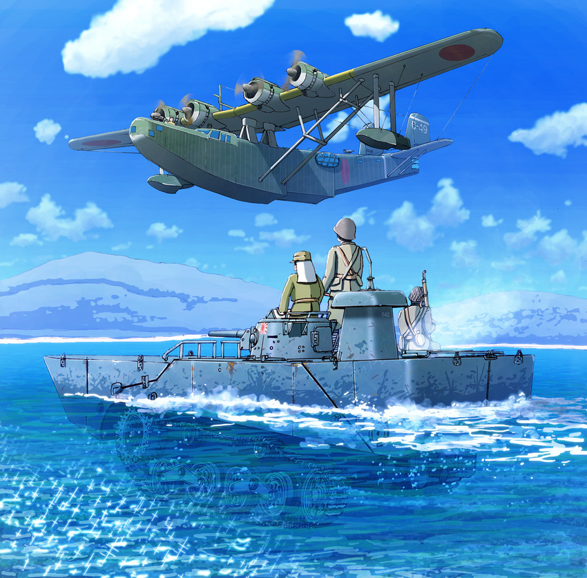 aircraft airplane blue_sky caterpillar_tracks cloud day earasensha flying flying_boat h6k hat imperial_japanese_navy landscape military military_uniform motion_blur mountain multiple_boys ocean original partially_immersed peaked_cap propeller seaplane sky special_type_2_launch_ka-mi uniform veil water world_war_ii