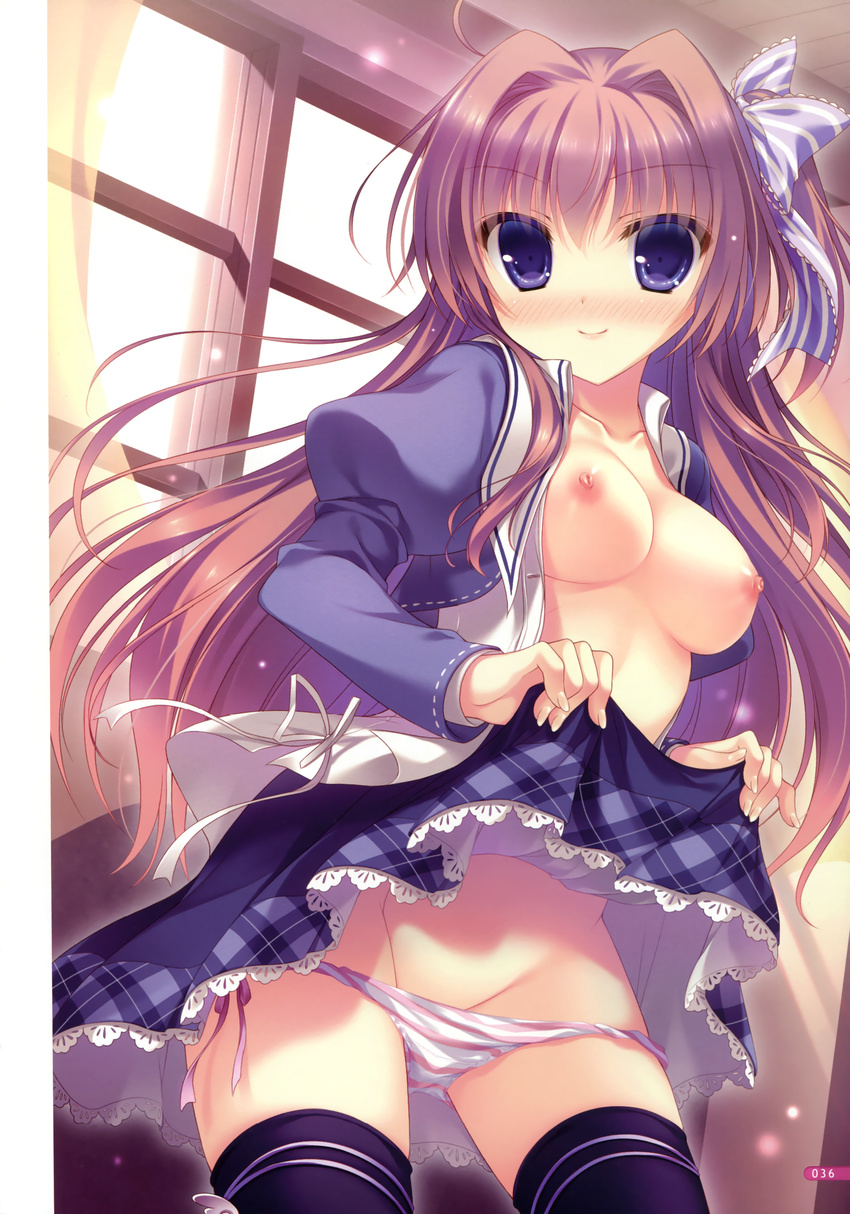 absurdres azuse_matsuri black_legwear blue_eyes blue_skirt blush breasts cowboy_shot curtains full-face_blush groin hair_intakes hair_ribbon highres indoors kimi_e_okuru_sora_no_hana long_sleeves medium_breasts nipples no_bra one_side_up open_clothes open_shirt panties panty_pull plaid plaid_skirt purple_hair ribbon school_uniform shirt side-tie_panties skirt skirt_lift smile standing thighhighs underwear white_panties window yukie_(peach_candy)