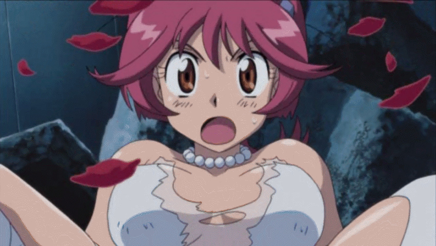 1girl animated animated_gif aoi_anna bouncing_breasts breasts brown_eyes dress heavy_breathing open_mouth red_hair sexually_suggestive shinkon_gattai_godannar!! spread_legs torn_clothes wedding_dress