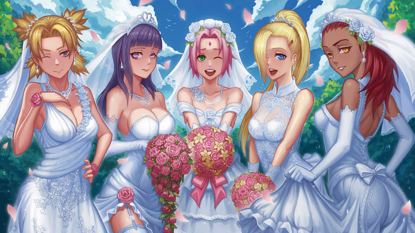 ;) ass bangs bare_shoulders blonde_hair blue_eyes blue_sky blunt_bangs bouquet breasts bridal_veil bride cleavage dark_skin day dress earrings elbow_gloves facial_mark flower forehead_mark garter_straps gloves green_eyes hair_ornament hair_over_one_eye haruno_sakura hyuuga_hinata jewelry karui leaf98k lips long_hair medium_breasts multiple_girls naruto naruto_(series) naruto_shippuuden necklace nose one_eye_closed open_mouth pantylines pearl_necklace pink_hair ponytail purple_eyes purple_hair quad_tails red_hair sideboob sky smile temari thighhighs tiara veil wedding_dress white_legwear yamanaka_ino yellow_eyes