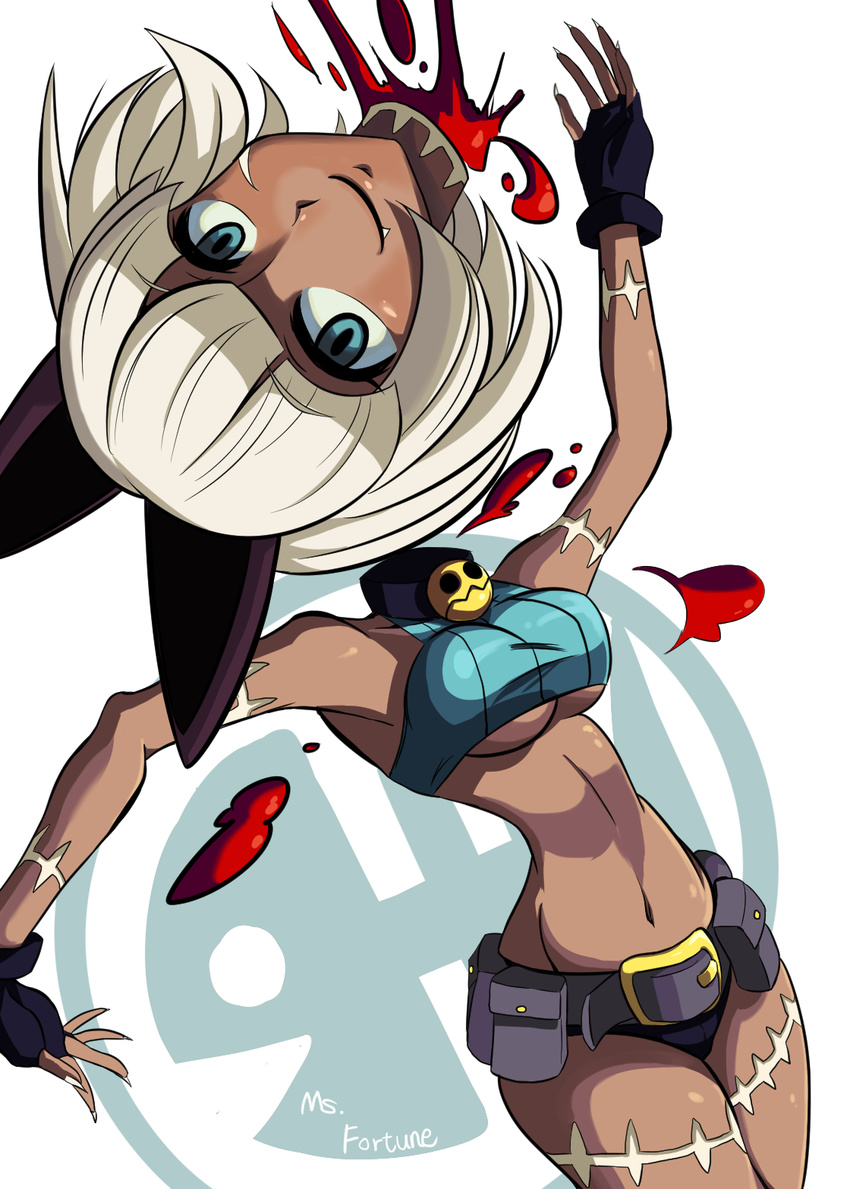 1girl animal_ears animal_tail belt blood blue_eyes bob_cut character_name claws dark_skin fang female fingerless_gloves gloves matsuchachou midriff ms._fortune_(skullgirls) nadia_fortune navel scar severed_head short_hair shorts skullgirls sleeveless sleeveless_turtleneck smile solo tail turtleneck