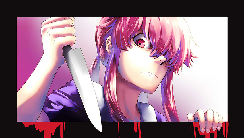 1girl blood female frown gasai_yuno hair_over_one_eye knife mirai_nikki pink_eyes pink_hair solo weapon yandere zuo_xiang_liang