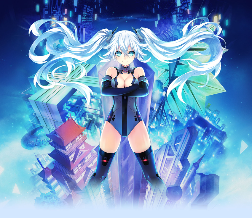 &gt;:) aqua_eyes bangs bare_shoulders black_gloves black_heart blue_leotard breasts building chou_megami_shinkou_noire_gekishin_black_heart circle cityscape cleavage cleavage_cutout crossed_arms elbow_gloves floating_hair gloves glowing grey_legwear gunbuster_pose hair_between_eyes halterneck highres kami_jigen_game_neptune_v leotard light_particles light_smile long_hair looking_at_viewer magical_girl medium_breasts neptune_(series) official_art power_symbol skyscraper smile solo square standing symbol-shaped_pupils thighhighs triangle tsunako turtleneck twintails v-shaped_eyebrows very_long_hair white_hair