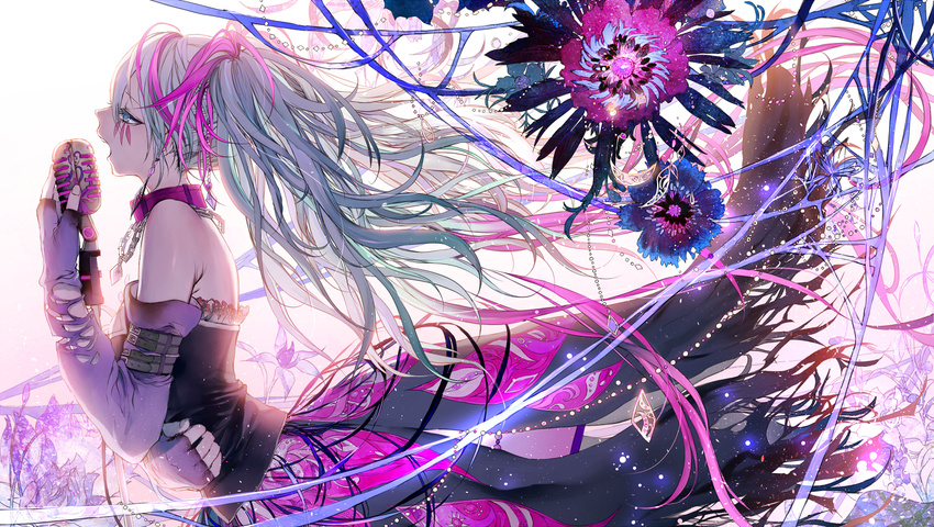 collar dress earrings elbow_gloves fingerless_gloves flower from_side gloves green_eyes green_hair hatsune_miku jewelry long_hair md5_mismatch microphone music necklace open_mouth singing solo tsukioka_tsukiho vocaloid