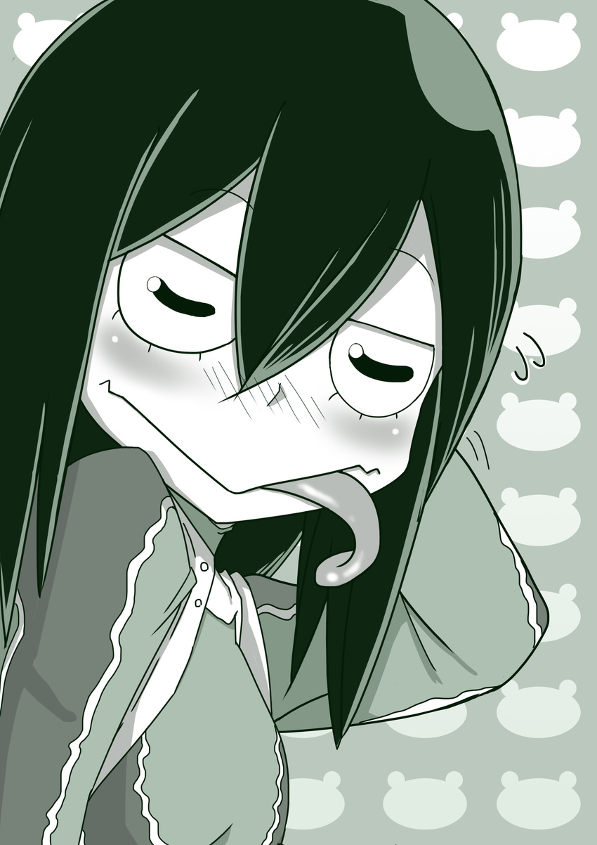 1girl artist_request asui_tsuyu black_hair blush boku_no_hero_academia eyes_closed female frog_girl gloves highres long_hair long_tongue monochrome monster_girl scratching_head solo tongue tongue_out
