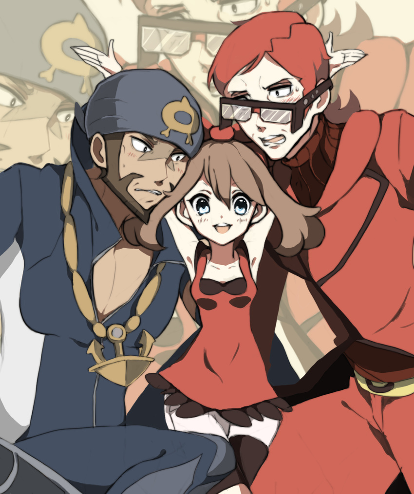 1girl 2boys anchor aogiri_(pokemon) aogiri_(pokemon)_(remake) bandanna beard blue_eyes blush brown_hair dark_skin facial_hair formal glasses haruka_(pokemon) haruka_(pokemon)_(remake) matsubusa_(pokemon) matsubusa_(pokemon)_(remake) multiple_boys necklace nintendo open_mouth pokemon pokemon_(game) pokemon_oras red_hair short_hair smile suit team_aqua team_magma uenoike_(194753)