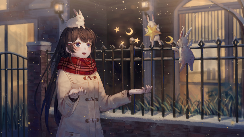 1girl :d animal animal_on_head bangs bare_tree black_hair blue_eyes blurry blurry_background blush brick_wall brown_coat building bunny coat commentary_request crescent depth_of_field duffel_coat enpera eyebrows_visible_through_hair fence gate grass hair_ornament hairclip hands_up highres ji_dao_ji long_hair long_sleeves night nijisanji on_head open_mouth outdoors plaid plaid_scarf railing red_scarf scarf sidelocks smile snowing solo standing star tree tsukino_mito upper_teeth very_long_hair virtual_youtuber white_coat white_wings winged_animal wings winter winter_clothes