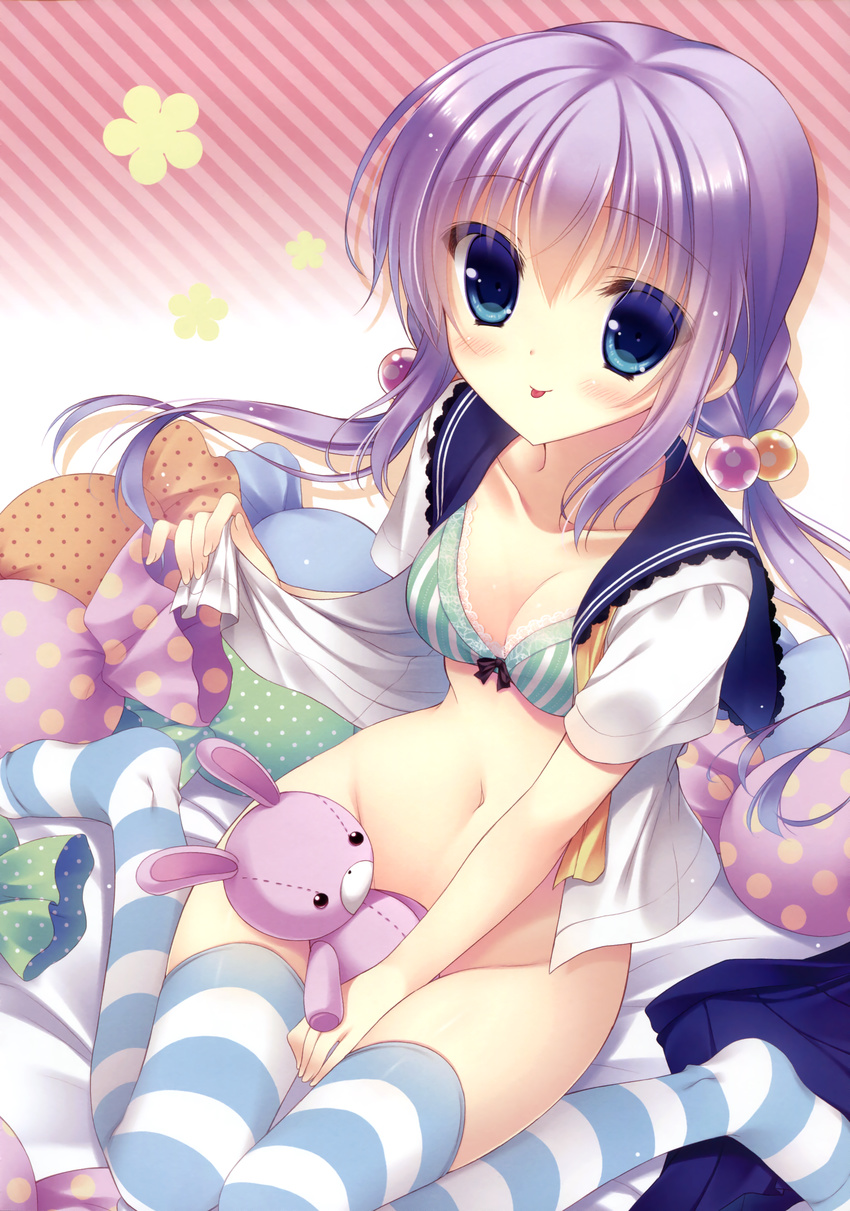 :p absurdres blue_eyes blush bottomless bra breasts cleavage hair_bobbles hair_ornament highres long_hair medium_breasts navel open_clothes open_shirt original pillow pink_hair school_uniform shirt sitting solo striped striped_legwear stuffed_animal stuffed_bunny stuffed_toy thighhighs tongue tongue_out twintails underwear wariza yukie_(peach_candy)