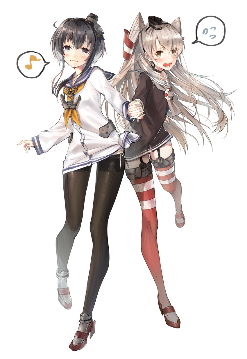 amatsukaze_(kantai_collection) anchor black_eyes black_hair blush brown_eyes dress eighth_note garter_straps gloves hairband hat highres holding_hands kantai_collection long_hair md5_mismatch mini_hat multiple_girls musical_note pantyhose sailor_dress short_dress short_hair silver_hair smile speech_bubble spoken_flying_sweatdrops spoken_musical_note sweatdrop thighhighs tokitsukaze_(kantai_collection) two_side_up uniform vient zettai_ryouiki
