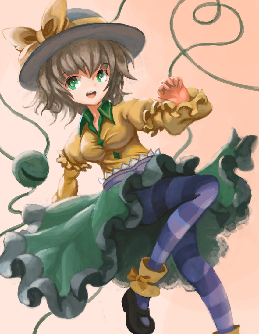 blouse breasts eyeball frills green_eyes green_hair hat hat_ribbon heart heart_of_string highres komeiji_koishi long_sleeves medium_breasts oil_painting_(medium) open_mouth pantyhose ribbon short_hair skirt smile solo striped striped_legwear syuraime_0 third_eye touhou wide_sleeves