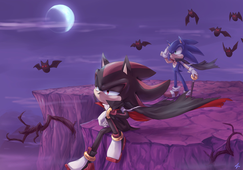 2boys artist_request bandage bat cane cape crescent_moon gloves green_eyes halloween highres male male_focus moon multiple_boys no_humans red_eyes shadow_the_hedgehog shoes sitting smile sonic sonic_the_hedgehog