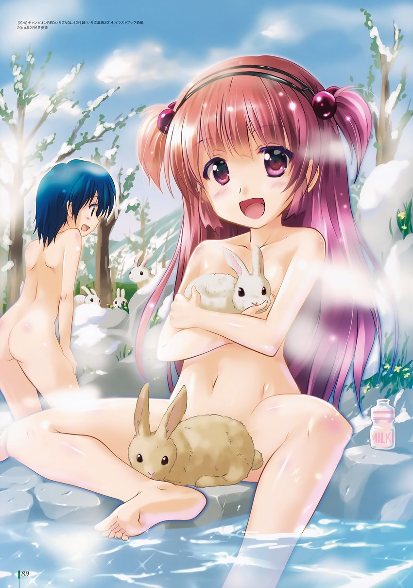 :d absurdres ass barefoot blue_hair bottle bunny censored child convenient_censoring day hair_bobbles hair_ornament hairpin happy highres komatsu_eiji long_hair milk_bottle multiple_girls navel nude onsen open_mouth outdoors pink_eyes pink_hair sky smile snow soaking_feet steam steam_censor two_side_up water