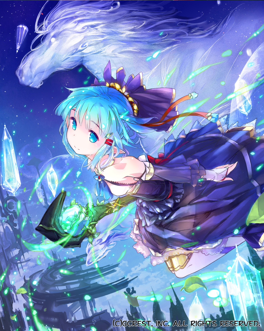 bare_shoulders blue_eyes blue_hair bridal_gauntlets dragon's_shadow hair_ornament hairclip highres looking_at_viewer official_art original pointy_ears smile solo staff virus_(obsession)