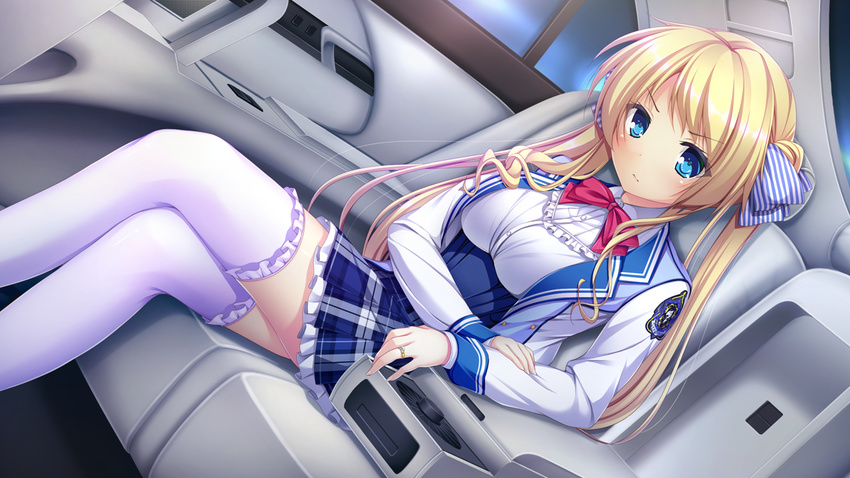 1girl blonde_hair blue_eyes bow breasts closed_mouth frill frilled_legwear frilled_skirt frills game_cg giga harvest_overray indoors jewelry long_hair long_sleeves looking_at_viewer mikami_lilia nironiro pink_bow ring school_uniform sitting skirt solo straight_hair thighhighs white_legwear white_thighhighs zettai_ryouiki