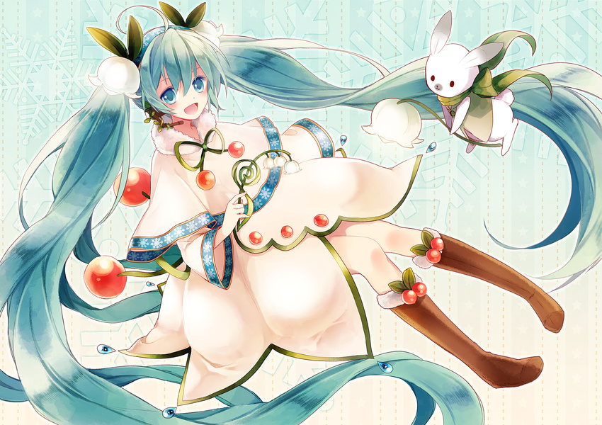 absurdly_long_hair bad_id bad_pixiv_id boots bunny flower green_eyes green_hair hatsune_miku headset highres knee_boots long_hair open_mouth revision snowdrop_(flower) t_miyanagi twintails very_long_hair vocaloid yuki_miku yukine_(vocaloid)