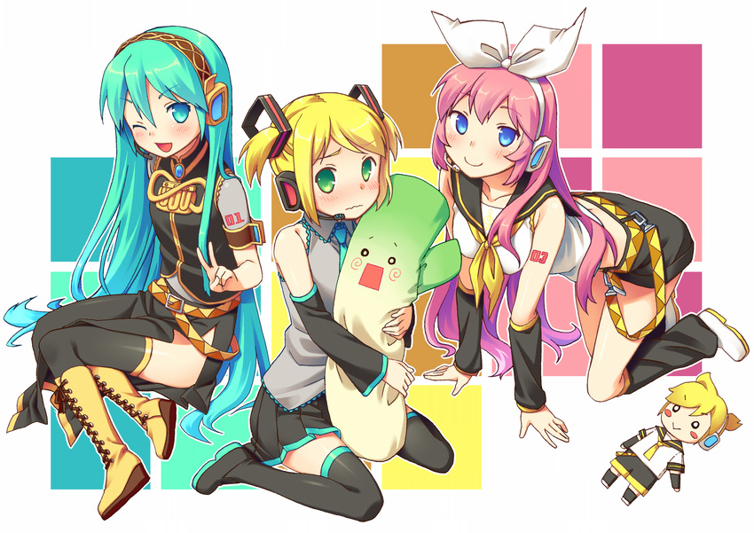 all_fours aqua_eyes aqua_hair belt blonde_hair blue_eyes blush boots bvj character_doll cosplay costume_switch cross-laced_footwear detached_sleeves green_eyes hair_ribbon hatsune_miku hatsune_miku_(cosplay) headphones headset highres kagamine_len kagamine_rin kagamine_rin_(cosplay) knee_boots lace-up_boots leg_warmers long_hair megurine_luka megurine_luka_(cosplay) multiple_girls necktie one_eye_closed open_mouth pink_hair ribbon sailor_collar short_twintails sitting skirt smile spring_onion tattoo thigh_boots thighhighs twintails v very_long_hair vocaloid wariza wavy_mouth