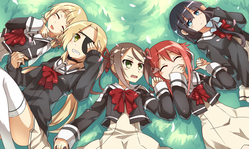 akatoro_(nightlord) black_hair blonde_hair blush brown_hair closed_eyes covering_mouth dress eyepatch grass green_eyes grin hair_ornament hair_ribbon hand_over_own_mouth holding_hands inubouzaki_fuu inubouzaki_itsuki long_hair long_sleeves lying miyoshi_karin multiple_girls open_mouth petals red_hair ribbon sanshuu_middle_school_uniform school_uniform short_hair skirt smile spoilers sweater thighhighs tougou_mimori white_legwear yuuki_yuuna yuuki_yuuna_wa_yuusha_de_aru yuusha_de_aru